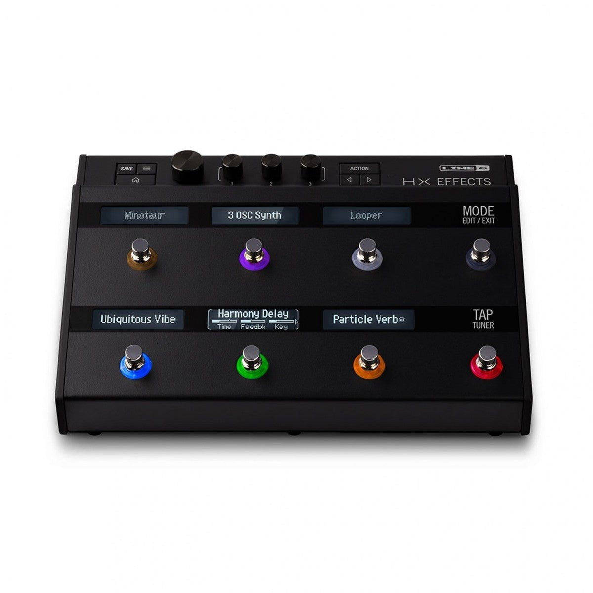 Phơ Tổng Line 6 HX Effects – mặt trên nhìn chính diện, hàng núm chỉnh, nút MODE và TAP/TUNER
