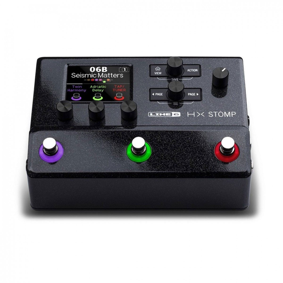 Phơ Tổng Line 6 HX Stomp – nhìn từ phía trước, 3 núm dưới màn hình và nút VIEW, ACTION, PAGE