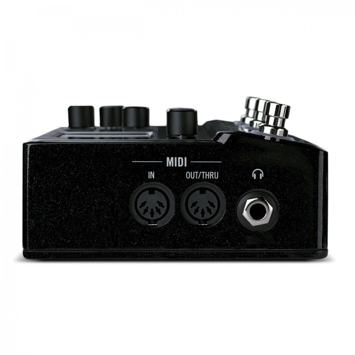 Phơ Tổng Line 6 HX Stomp – cạnh bên còn lại với MIDI IN, OUT/THRU và jack tai nghe
