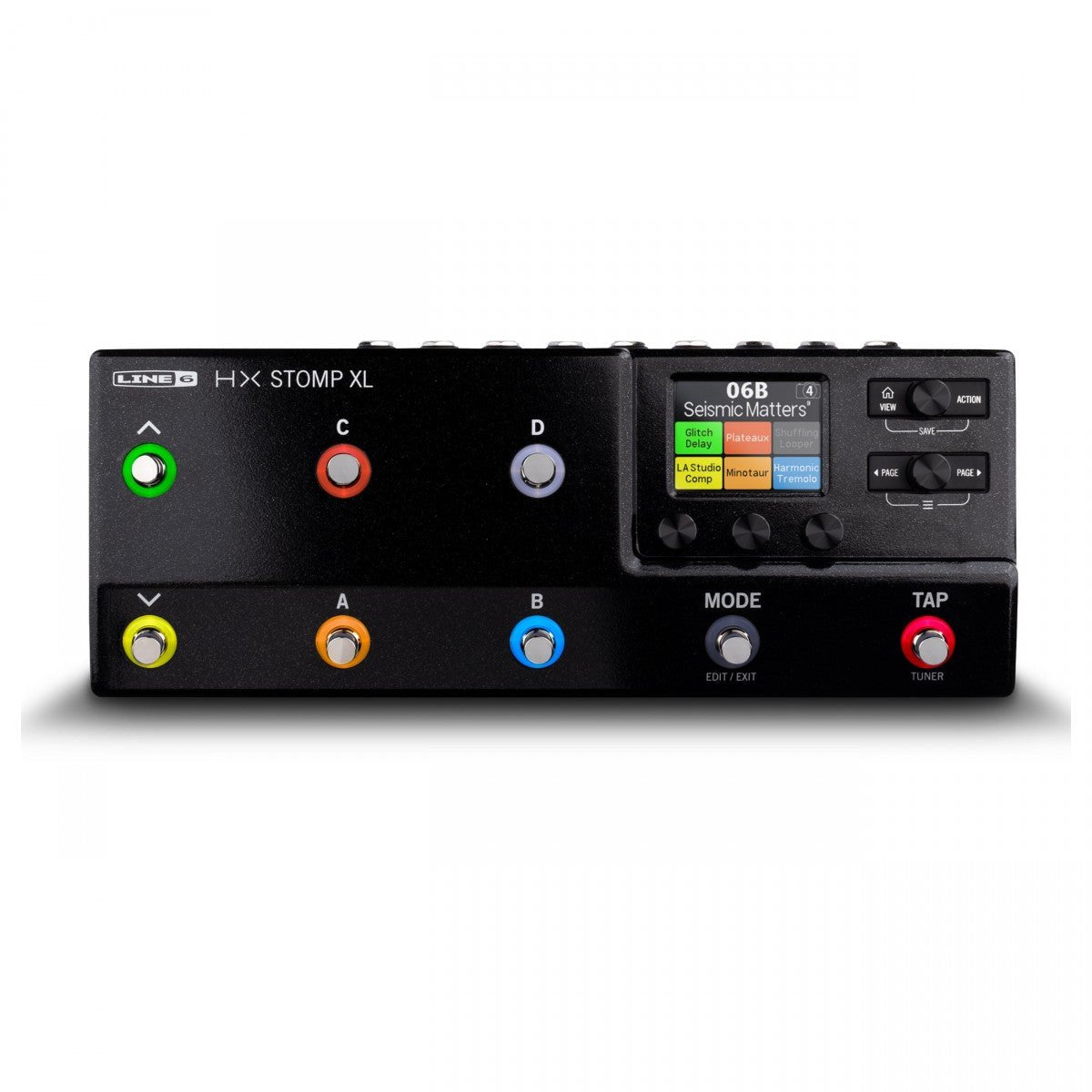 Phơ Tổng Line 6 HX Stomp XL – mặt trên nhìn thẳng, footswitch ^, v, A, B, C, D, MODE, TAP