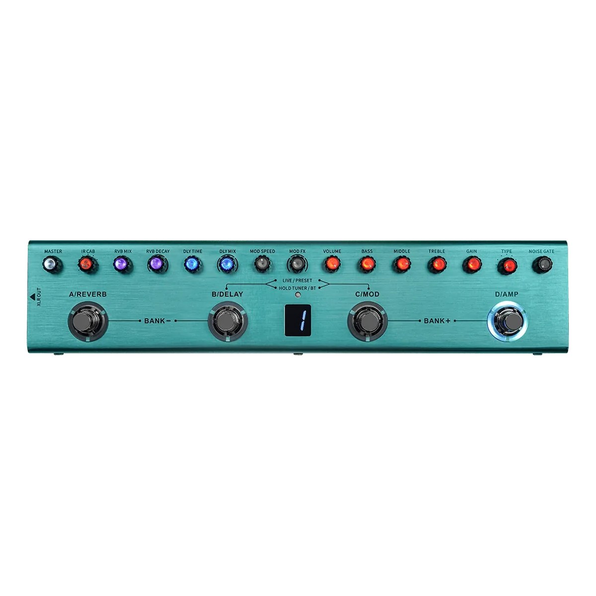 Phơ Tổng M-Vave Tank-G – mặt trên: hàng núm chỉnh, màn hình bank và 4 footswitch A-Reverb, B-Delay, C-Mod, D-Amp