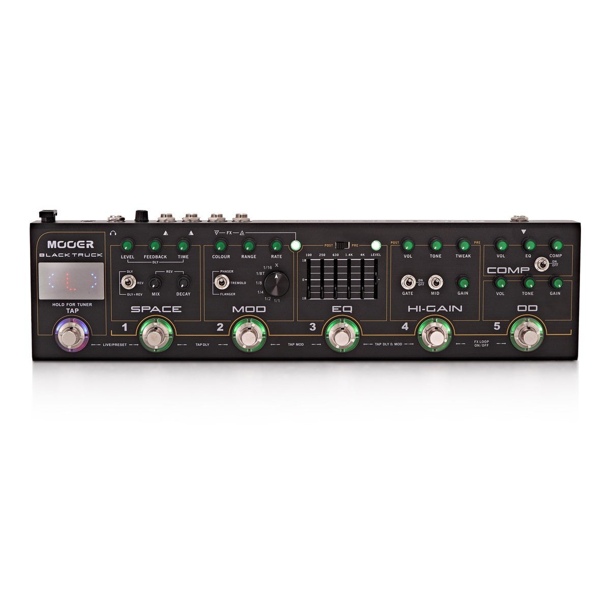 Phơ Tổng Mooer Black Truck – mặt trên đầy đủ các khối SPACE, MOD, EQ, HI-GAIN, COMP, OD
