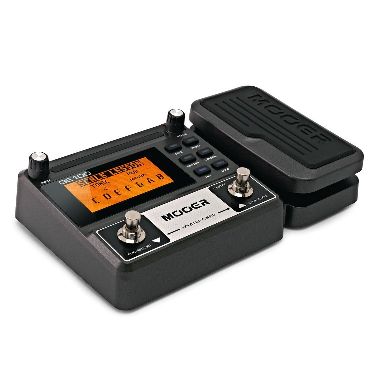 Phơ Tổng Mooer GE100 – góc nghiêng 3/4, màn hình LCD cam, 2 footswitch và pedal expression
