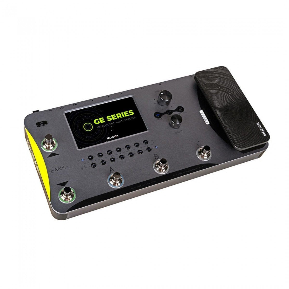 Phơ Tổng Mooer GE1000 – góc nghiêng 3/4, thân xám với pedal expression màu đen