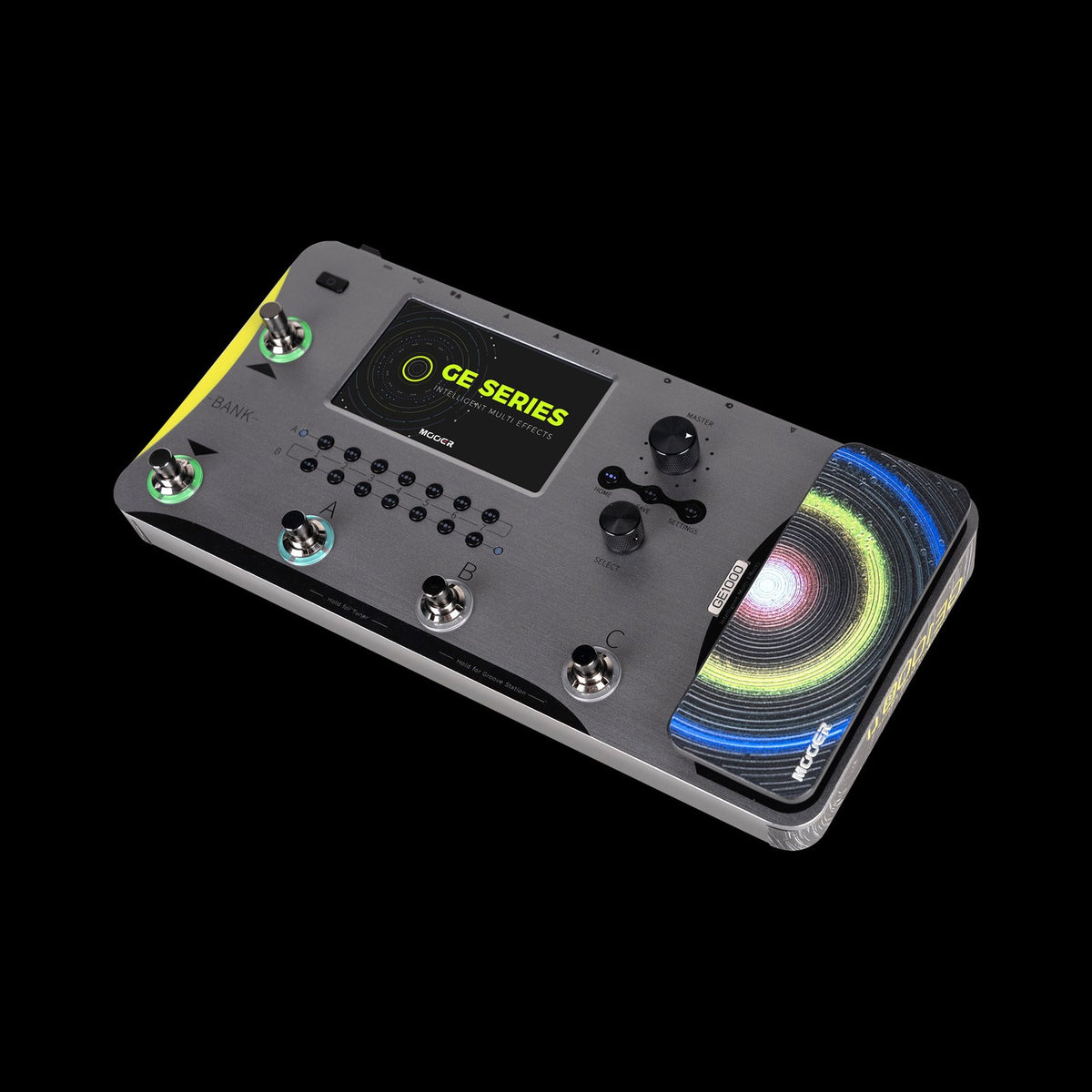 Phơ Tổng Mooer GE1000 Li – góc nghiêng 3/4 từ trên, thân xám và pedal expression nhiều màu