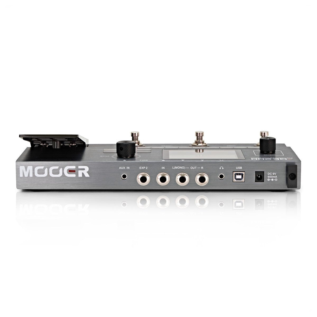 Phơ Tổng Mooer GE200 – mặt sau: AUX IN, EXP 2, IN, OUT L/MONO-R, tai nghe, USB, nguồn DC 9V