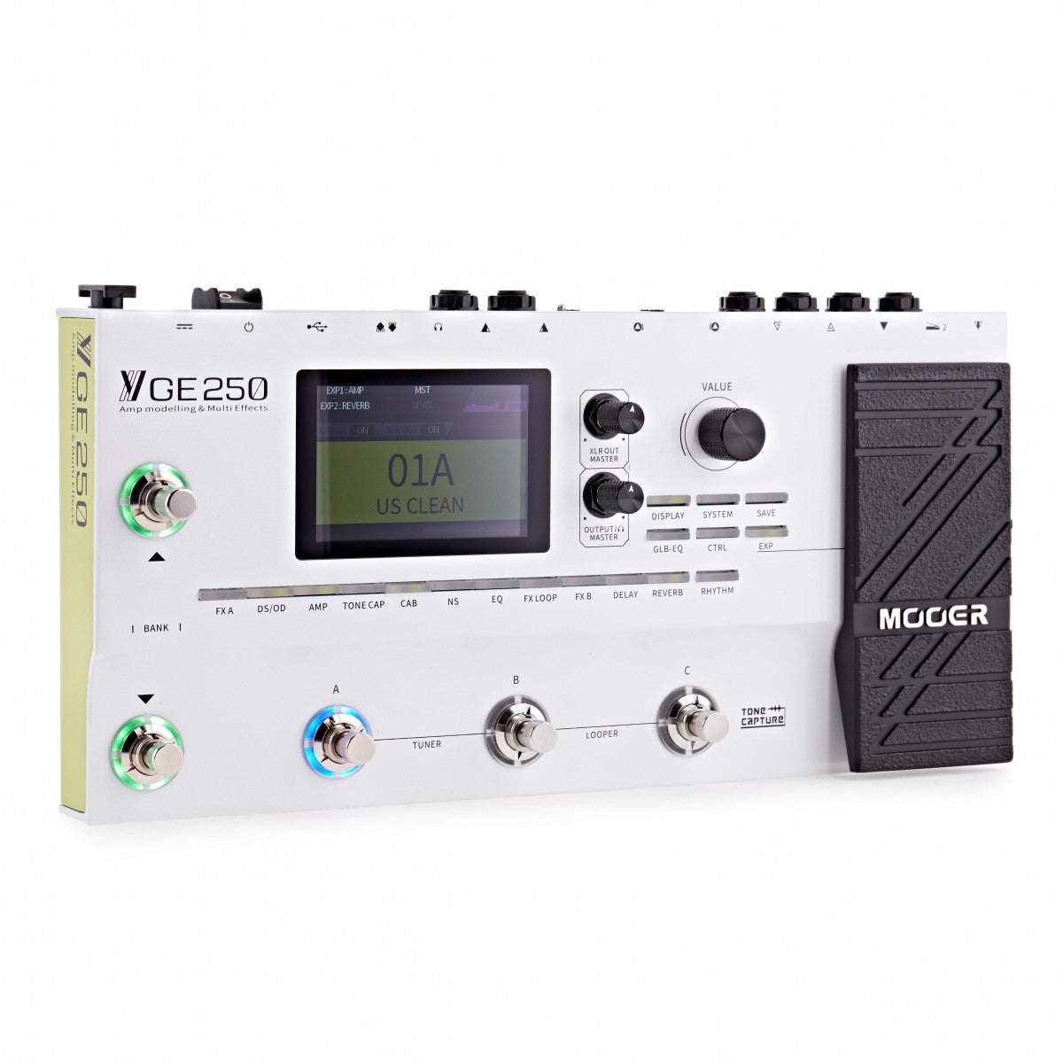 Phơ Tổng Mooer GE250 – góc nghiêng từ bên trái, thấy cạnh hông xanh chanh
