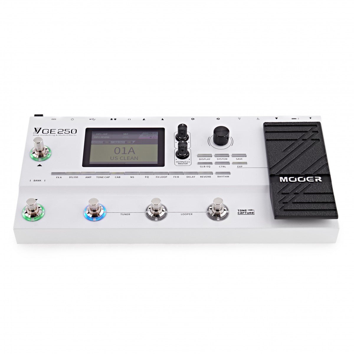 Phơ Tổng Mooer GE250 – nhìn từ phía trước, vỏ trắng bạc và pedal expression MOOER