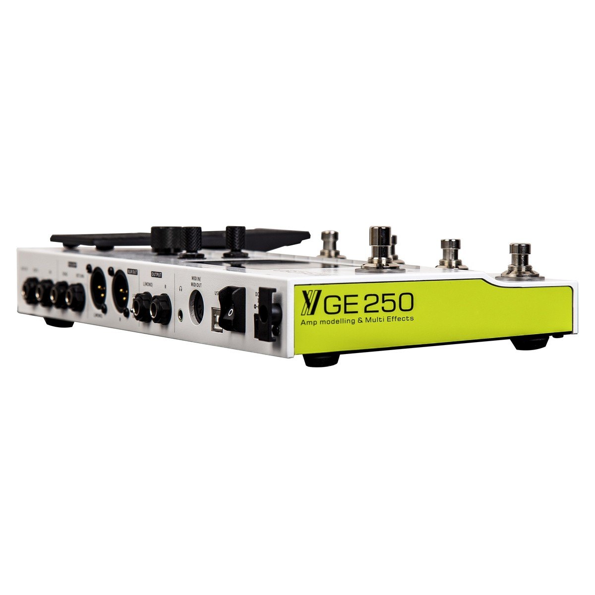 Phơ Tổng Mooer GE250 – góc sau bên trái, cạnh hông in GE250 Amp modelling & Multi Effects