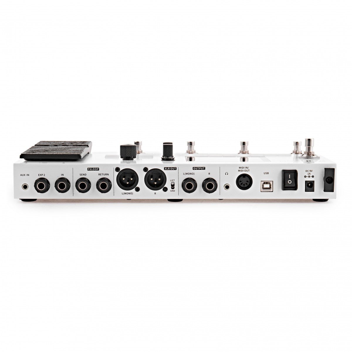 Phơ Tổng Mooer GE250 – mặt sau: AUX IN, EXP 2, IN, FX LOOP, XLR OUT, OUTPUT, MIDI, USB, DC 9V