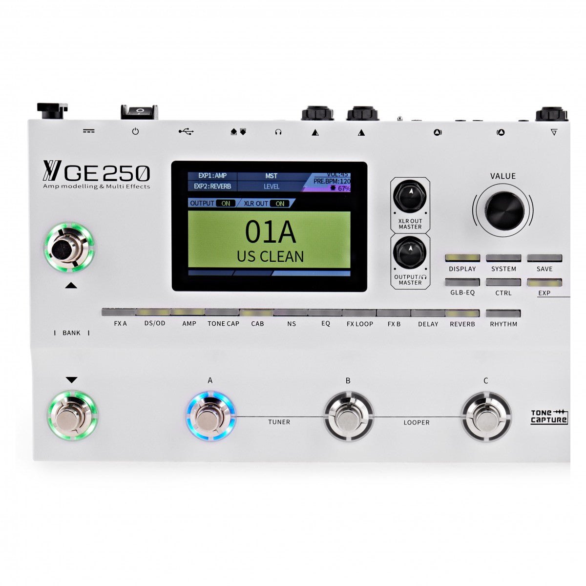 Phơ Tổng Mooer GE250 – cận cảnh màn hình, núm VALUE và footswitch A, B, C, nhãn TONE CAPTURE