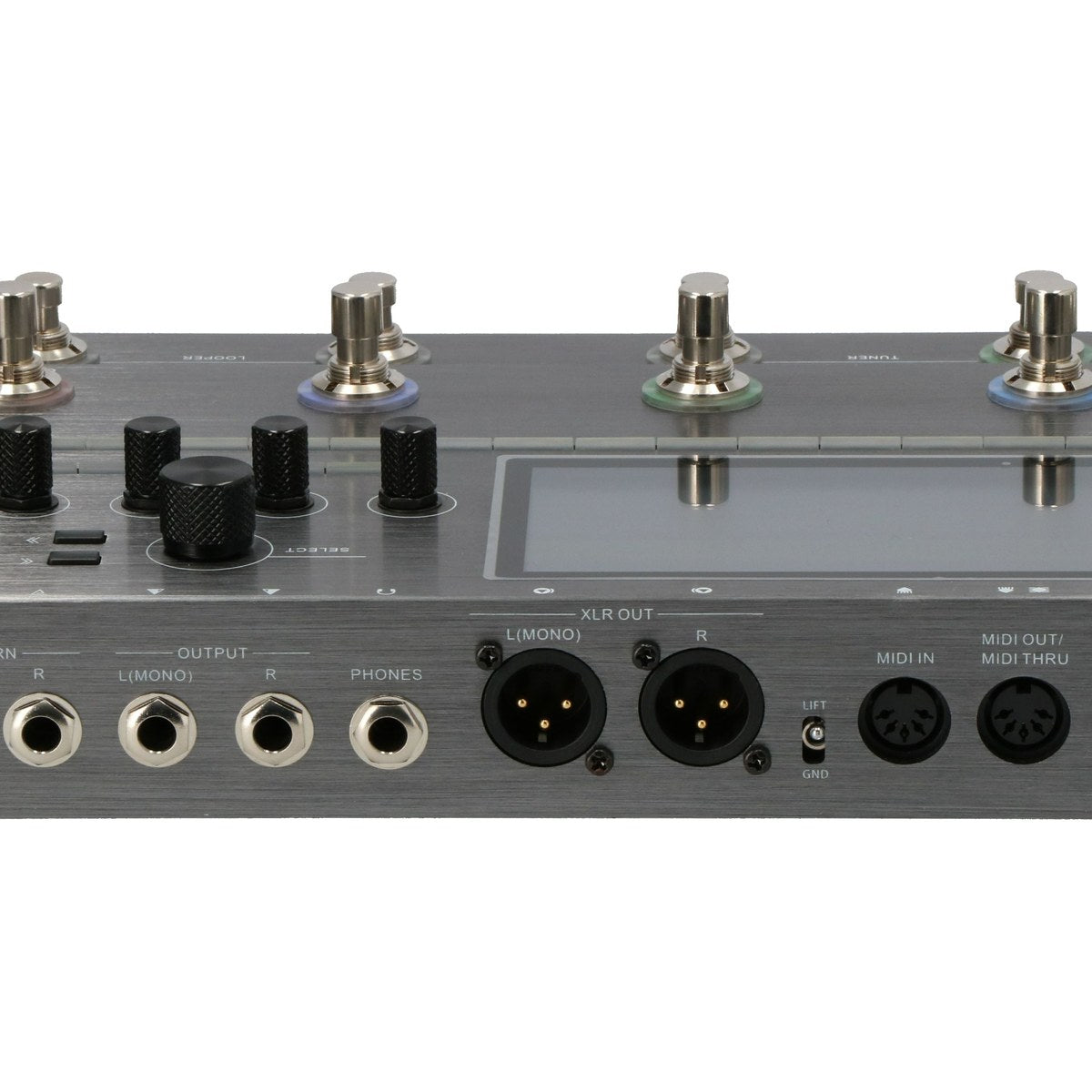 Phơ Tổng Mooer GE300 – cận cảnh cổng Output, Phones, XLR Out, MIDI