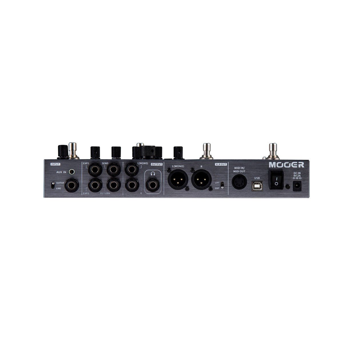 Phơ Tổng Mooer GE300 Lite – mặt sau với AUX IN, các jack 6.35 mm, tai nghe, 2 cổng XLR, MIDI, USB
