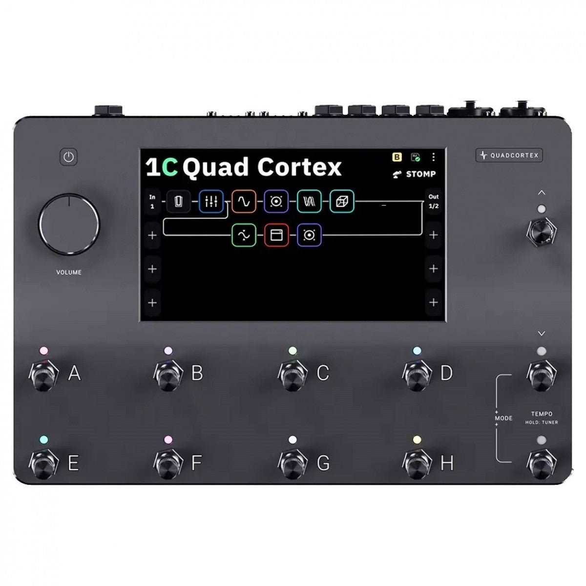 Phơ Tổng Neural DSP Quad Cortex – mặt trên với màn hình cảm ứng 7 inch và 11 footswitch