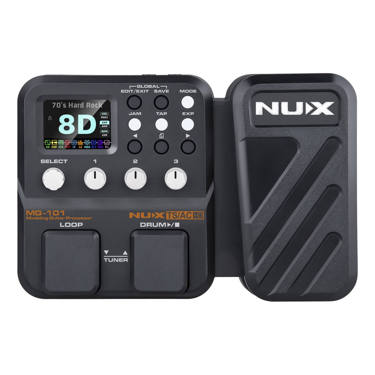 Phơ Tổng NUX MG-101 – NUX MG-101 mặt trên: màn hình màu 2.4 inch, núm SELECT và 3 núm chỉnh, 2 footswitch LOOP / DRUM và pedal expression