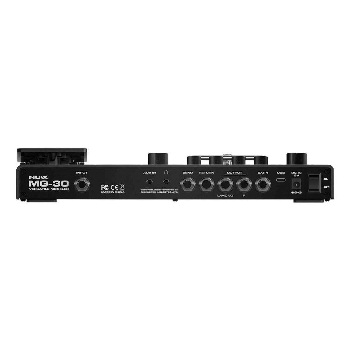 Phơ Tổng NUX MG-30 – Mặt sau MG-30 với các cổng INPUT, SEND/RETURN, OUTPUT, EXP1, PHONES, AUX IN, USB, nguồn