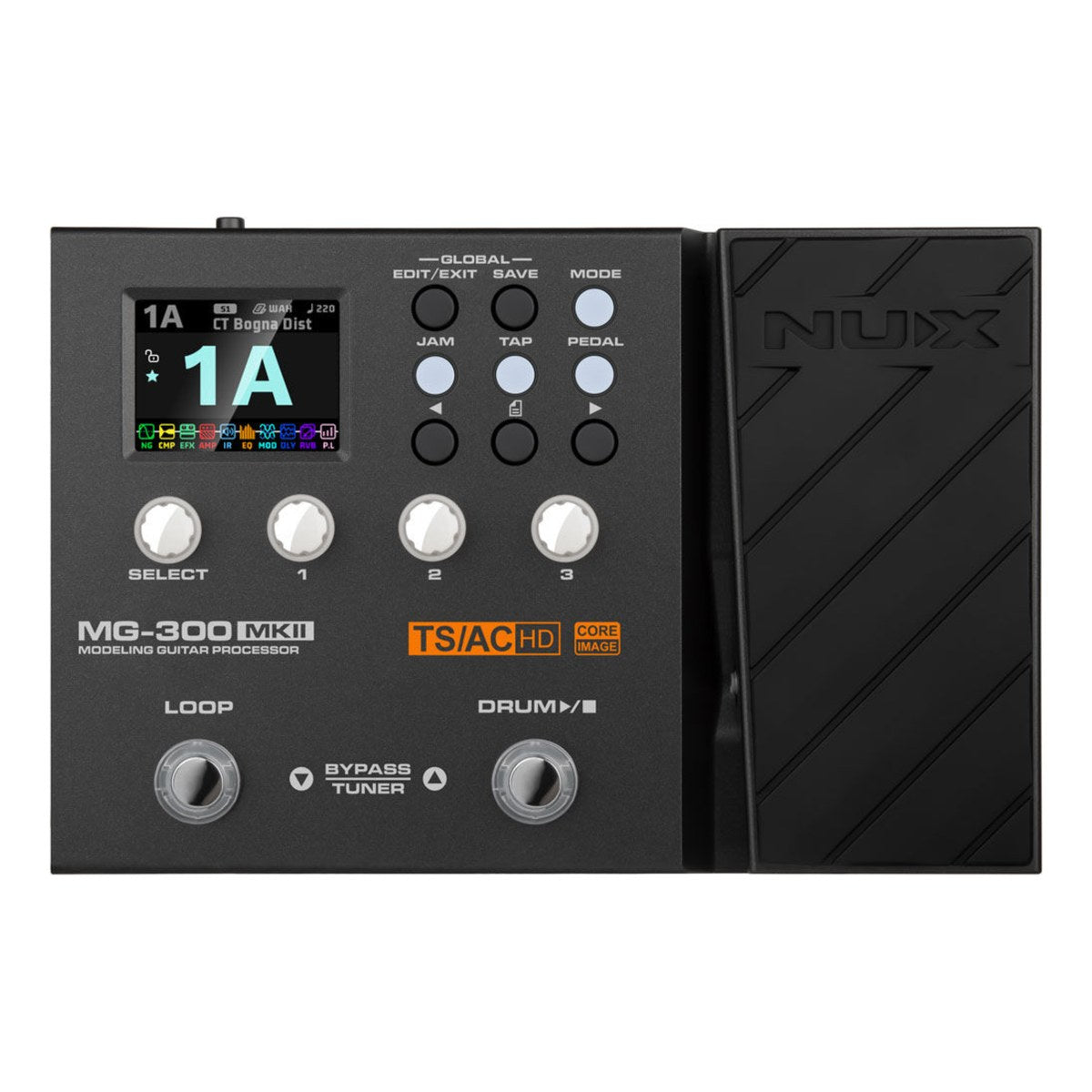 Phơ Tổng NUX MG-300 MKII – NUX MG-300 MKII mặt trên: màn hình màu, núm SELECT và 3 núm chỉnh, hàng nút chức năng, 2 footswitch LOOP / DRUM và pedal expression