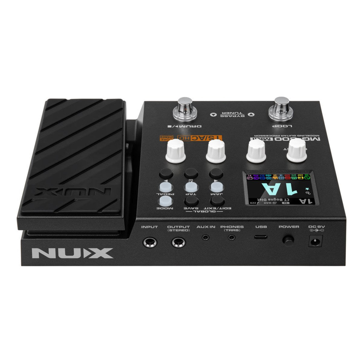 Phơ Tổng NUX MG-300 MKII – Góc nhìn từ phía sau thấy dãy cổng INPUT, OUTPUT, AUX IN, PHONES, USB, POWER và DC 9V