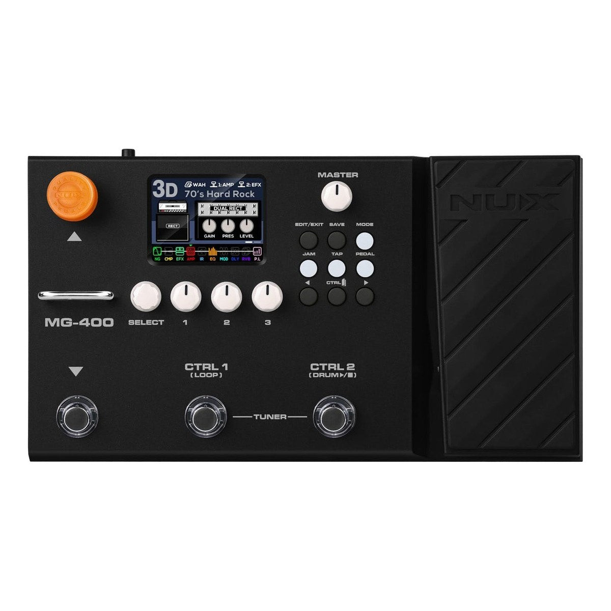 Phơ Tổng NUX MG-400 – NUX MG-400 mặt trên: màn hình màu 2.8 inch, núm MASTER, núm SELECT và 3 núm chỉnh, 4 footswitch và pedal expression