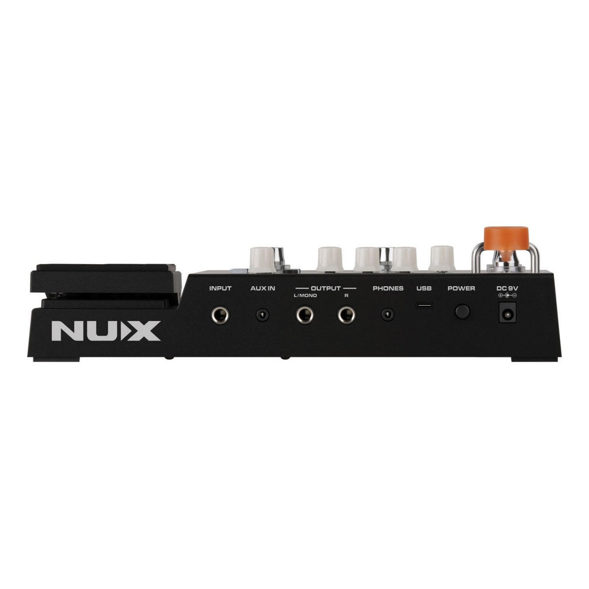 Phơ Tổng NUX MG-400 – Mặt sau MG-400: INPUT, AUX IN, OUTPUT L/MONO và R, PHONES, USB, công tắc POWER và DC 9V