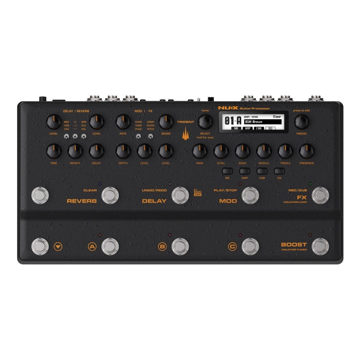 Phơ Tổng NUX Trident NME-5 – NUX Trident NME-5 mặt trên: các cụm núm REVERB, DELAY, MOD, FX, AMP, màn hình và 10 footswitch