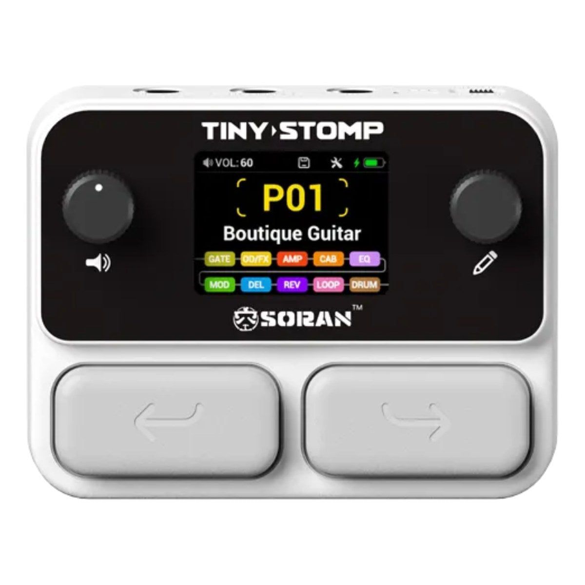 Phơ Tổng Soran Tiny Stomp – mặt trên chính diện: màn hình TFT, núm Master, núm Edit và hai nút bấm
