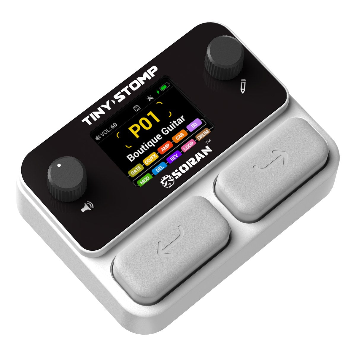 Phơ Tổng Soran Tiny Stomp – góc nghiêng trái, màn hình hiển thị preset P01