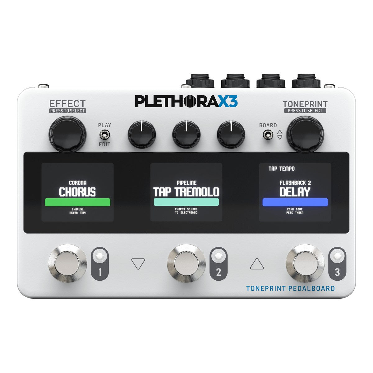 TC Electronic Plethora X3 nhìn chính diện: núm EFFECT, TONEPRINT, 3 núm PARAMETER, 3 màn hình LCD và 3 footswitch