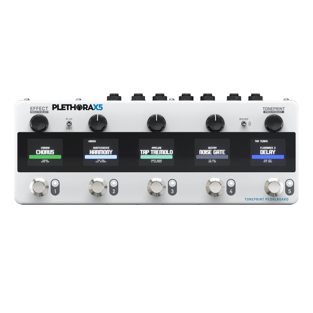 TC Electronic Plethora X5 nhìn chính diện: 5 màn hình, 5 footswitch MASH, núm EFFECT, TONEPRINT và các núm PARAMETER