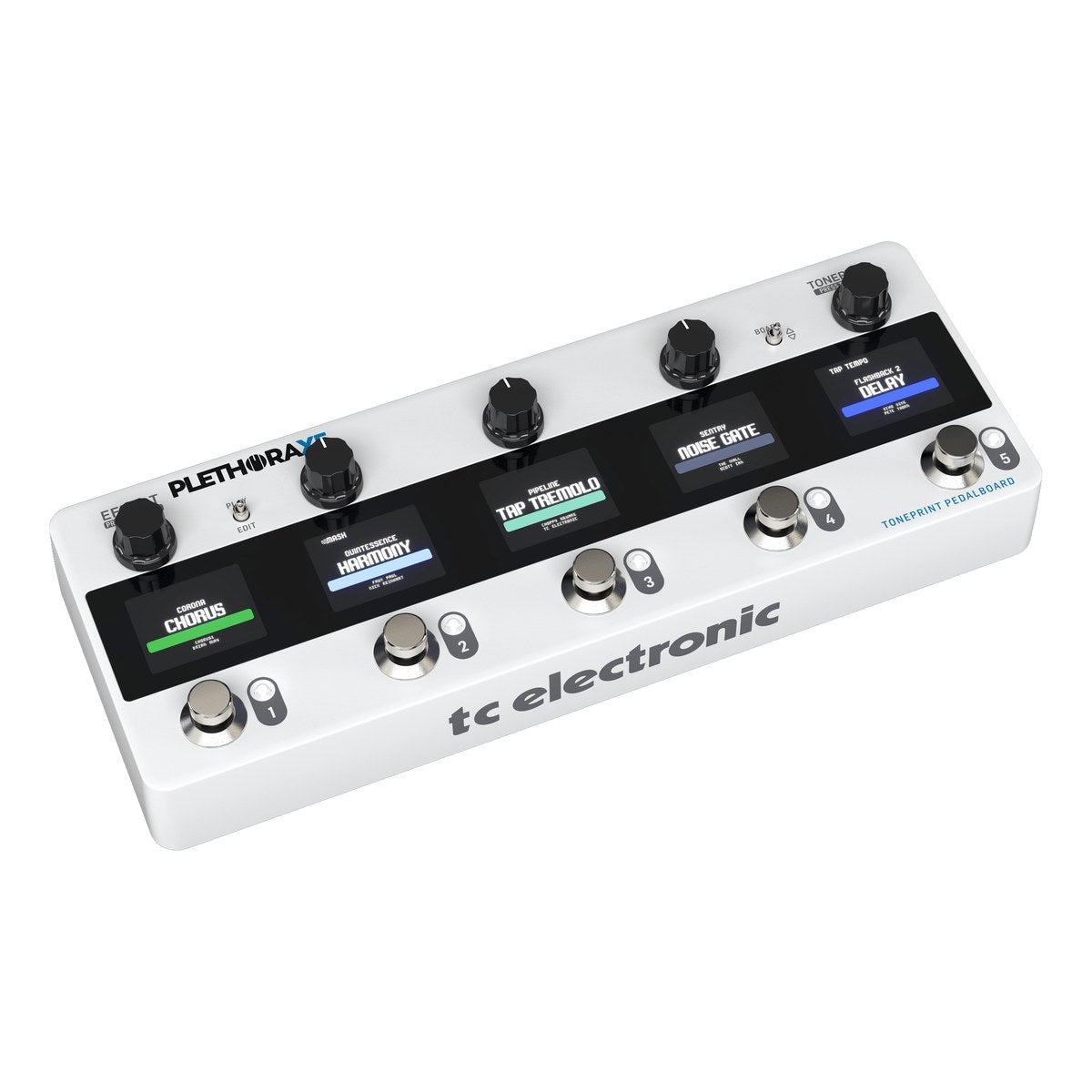 TC Electronic Plethora X5 nhìn nghiêng từ bên trái, vỏ trắng dài với năm slot hiệu ứng