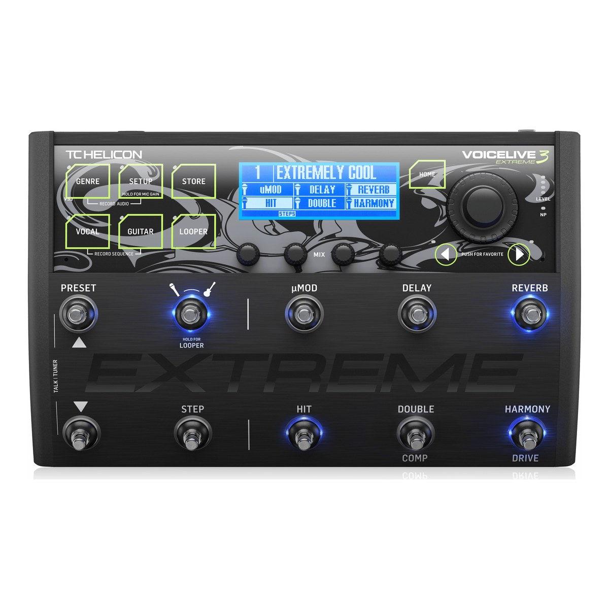 TC-Helicon VoiceLive 3 Extreme nhìn thẳng từ trên xuống: màn hình, 10 footswitch và chữ EXTREME
