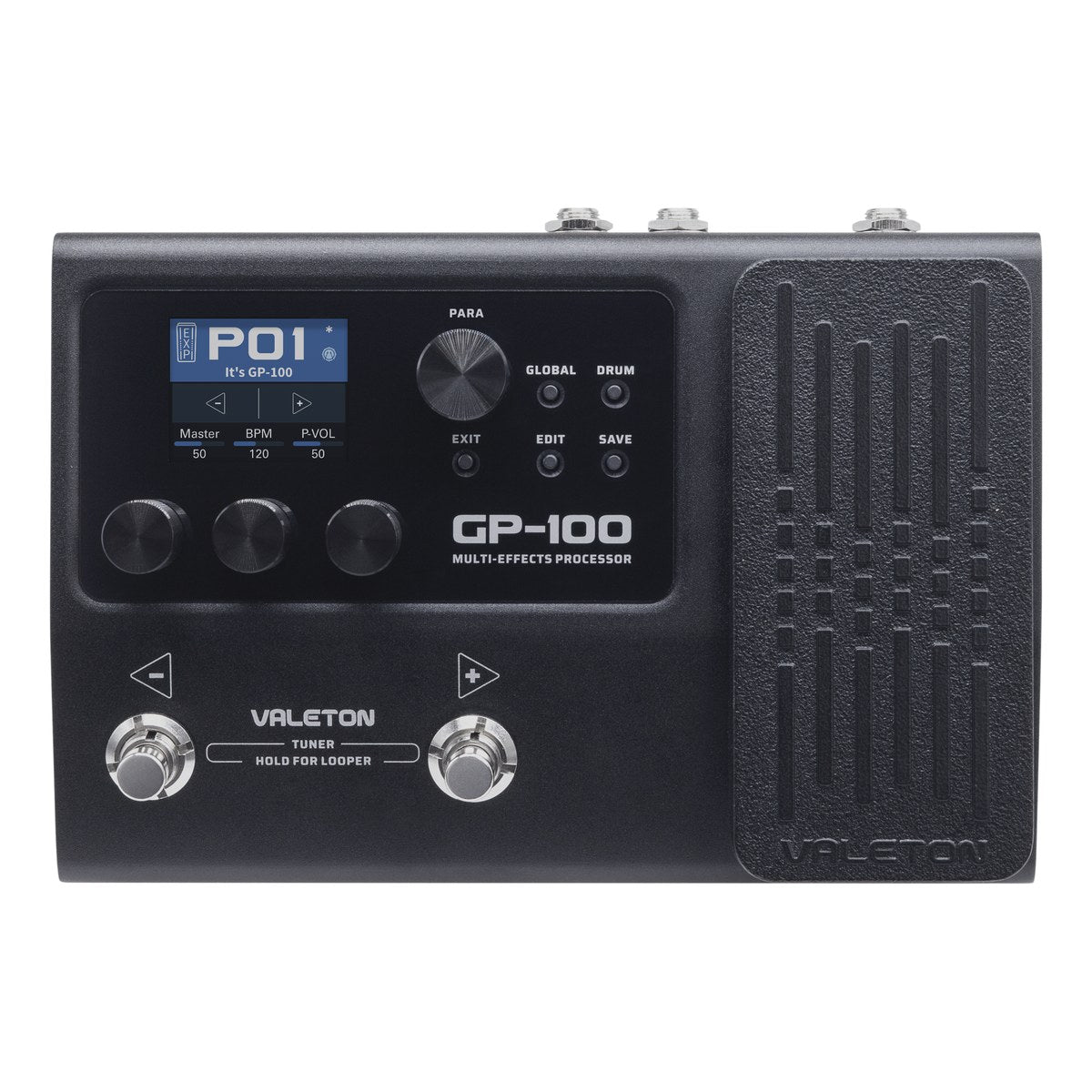 Phơ Tổng Valeton GP-100 – mặt trên chính diện: màn hình, núm PARA, các nút, 2 footswitch và pedal expression