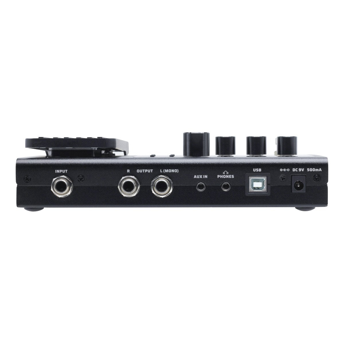 Phơ Tổng Valeton GP-100 – mặt sau: INPUT, OUTPUT L/R, AUX IN, PHONES, USB, nguồn DC 9V 500mA