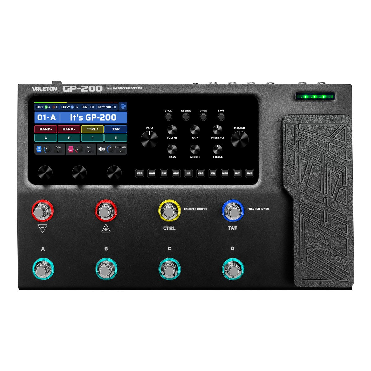 Phơ Tổng Valeton GP-200 – mặt trên chính diện: màn hình 4,3 inch, cụm núm ampli, nút module và 8 footswitch