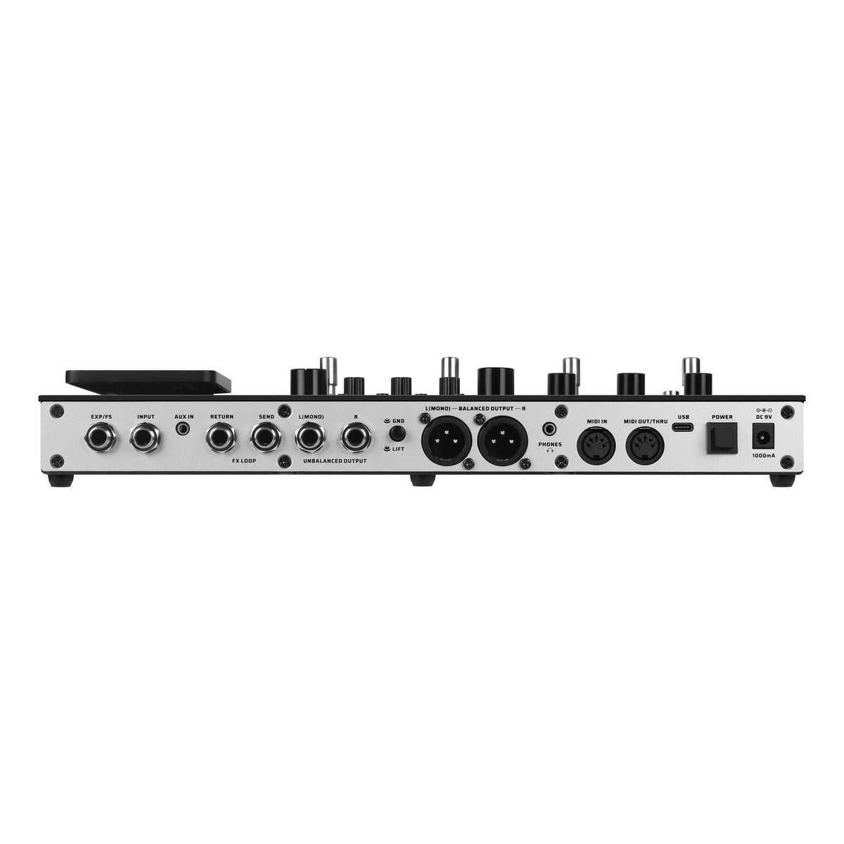 Phơ Tổng Valeton GP-200 – mặt sau: EXP/FS, INPUT, AUX IN, FX LOOP, ngõ ra 6,35 mm, XLR, PHONES, MIDI, USB, nguồn DC 9V