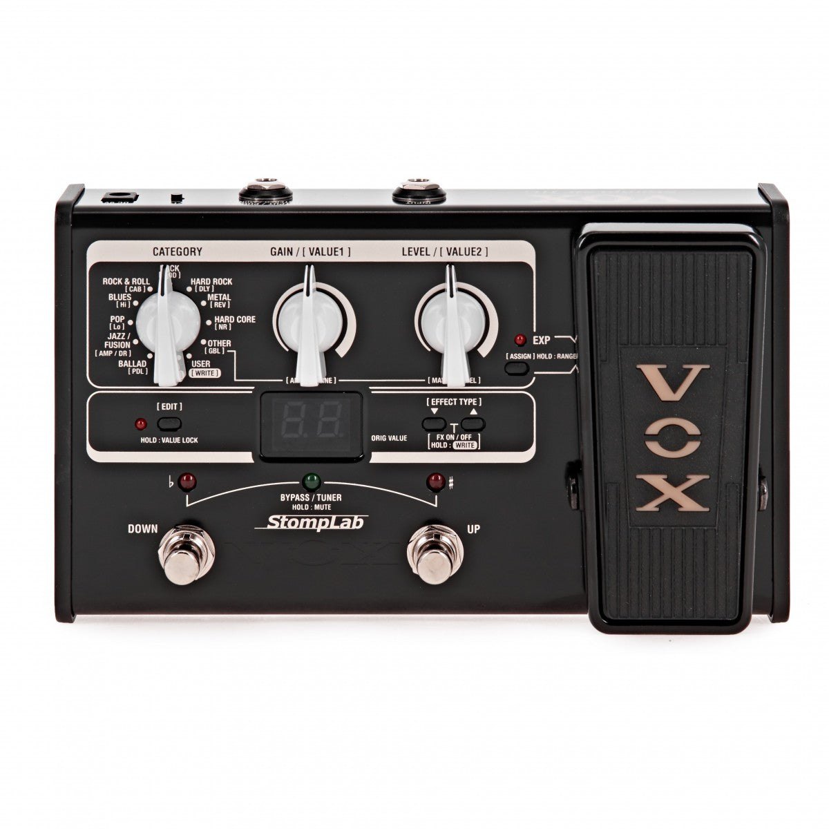 Phơ Tổng Vox StompLab IIG – mặt trên với núm CATEGORY, GAIN, LEVEL, màn hình LED và pedal EXP