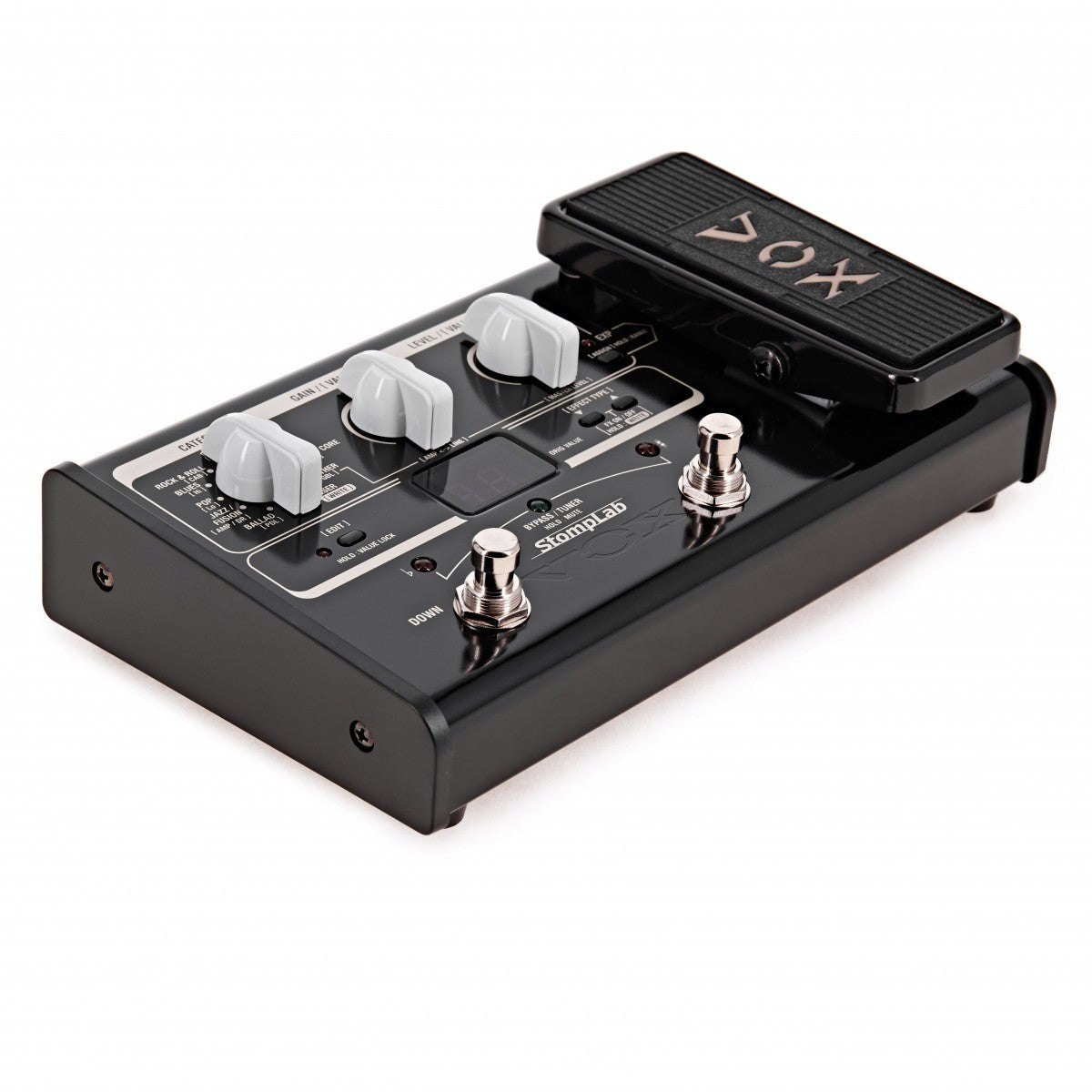 Phơ Tổng Vox StompLab IIG – góc nghiêng bên trái, thấy footswitch DOWN/UP và 3 núm màu trắng