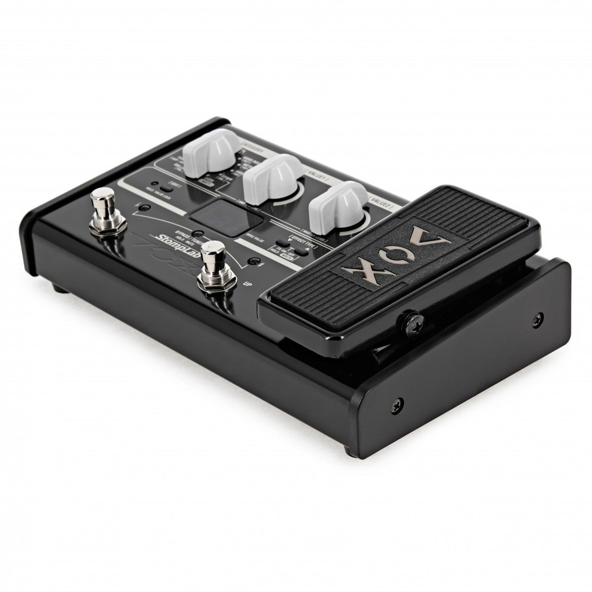 Phơ Tổng Vox StompLab IIG – góc nghiêng bên phải, nhìn từ phía pedal expression có logo VOX