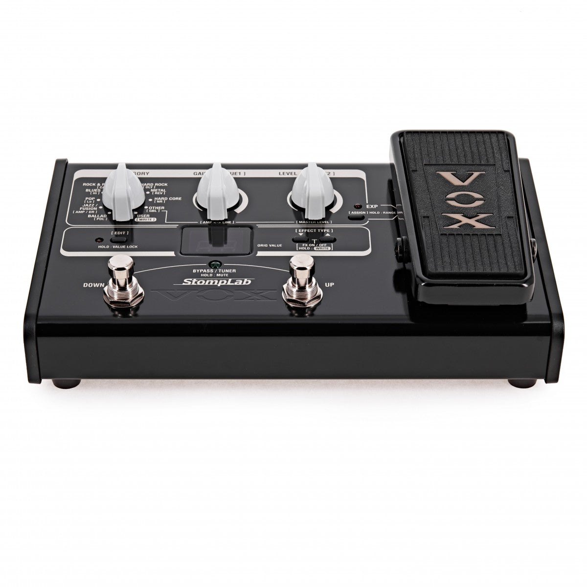Phơ Tổng Vox StompLab IIG – mặt trước nhìn thấp, thân kim loại đen và chữ StompLab