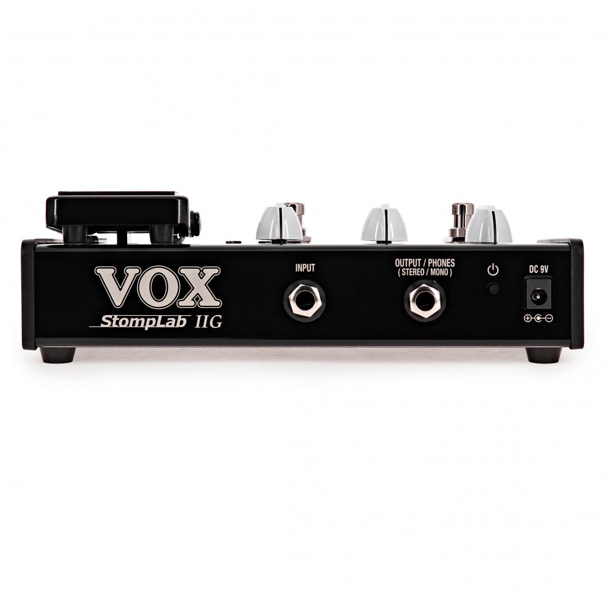Phơ Tổng Vox StompLab IIG – mặt sau in tên StompLab IIG, cổng INPUT, OUTPUT/PHONES và DC 9V