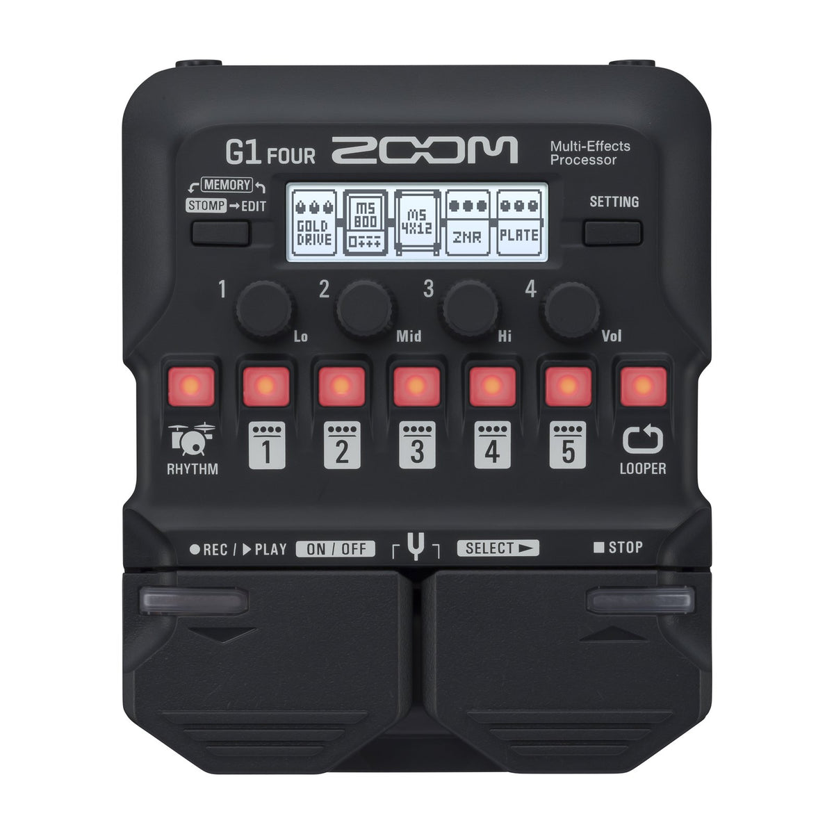 Phơ Tổng Zoom G1 FOUR – mặt trên với màn hình, núm chỉnh và các footswitch