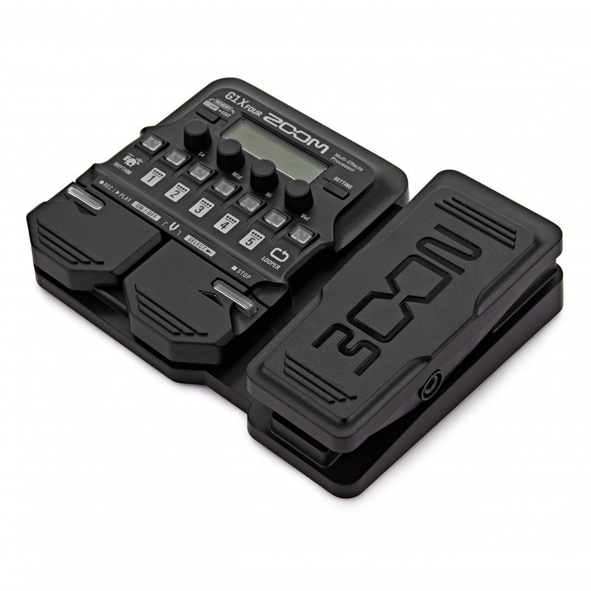 Phơ Tổng Zoom G1X FOUR – góc nghiêng bên phải, pedal expression có logo ZOOM