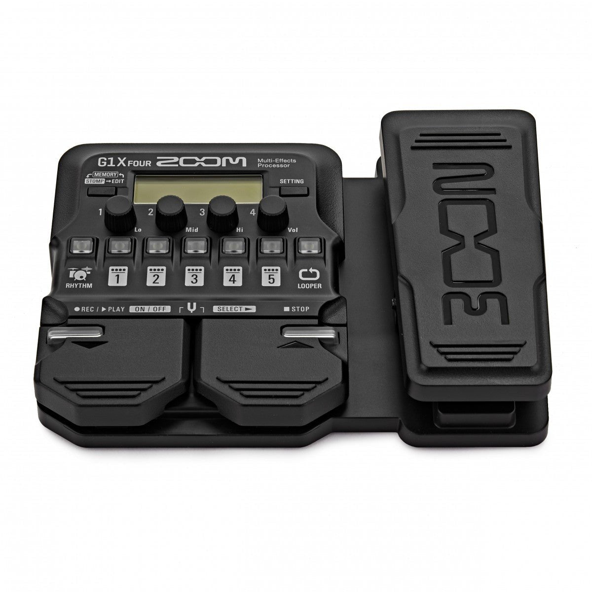 Phơ Tổng Zoom G1X FOUR – nhìn từ phía trước, nút RHYTHM, LOOPER và 2 footswitch