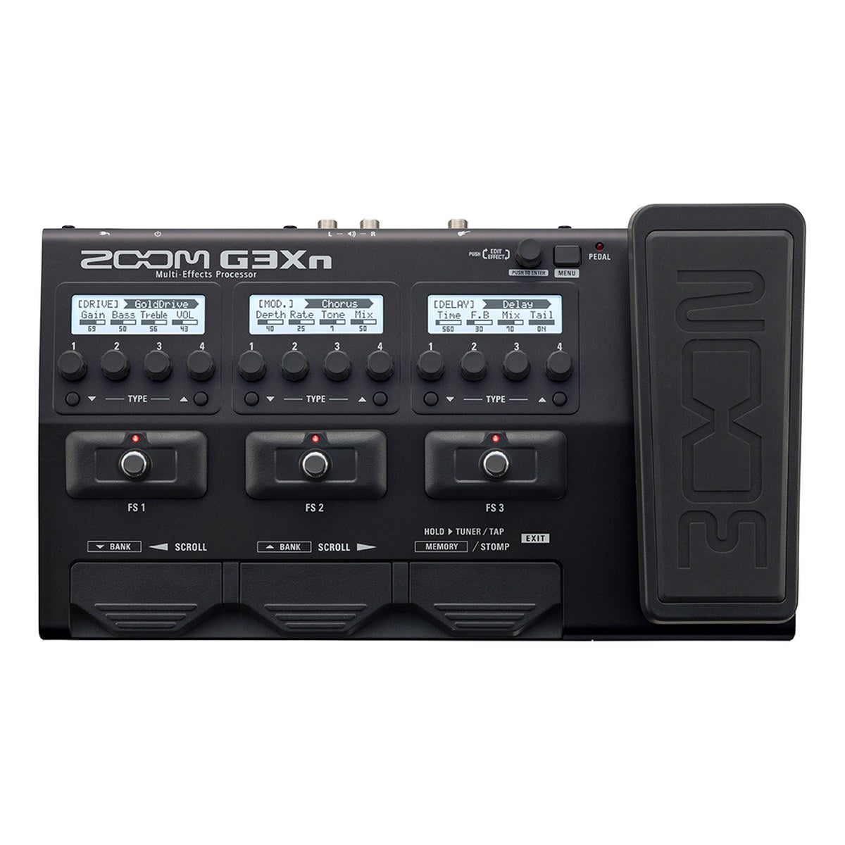 Phơ Tổng Zoom G3Xn – mặt trên: 3 màn hình LCD, 12 núm, footswitch FS1–FS3, hàng footswitch bank/memory và pedal expression