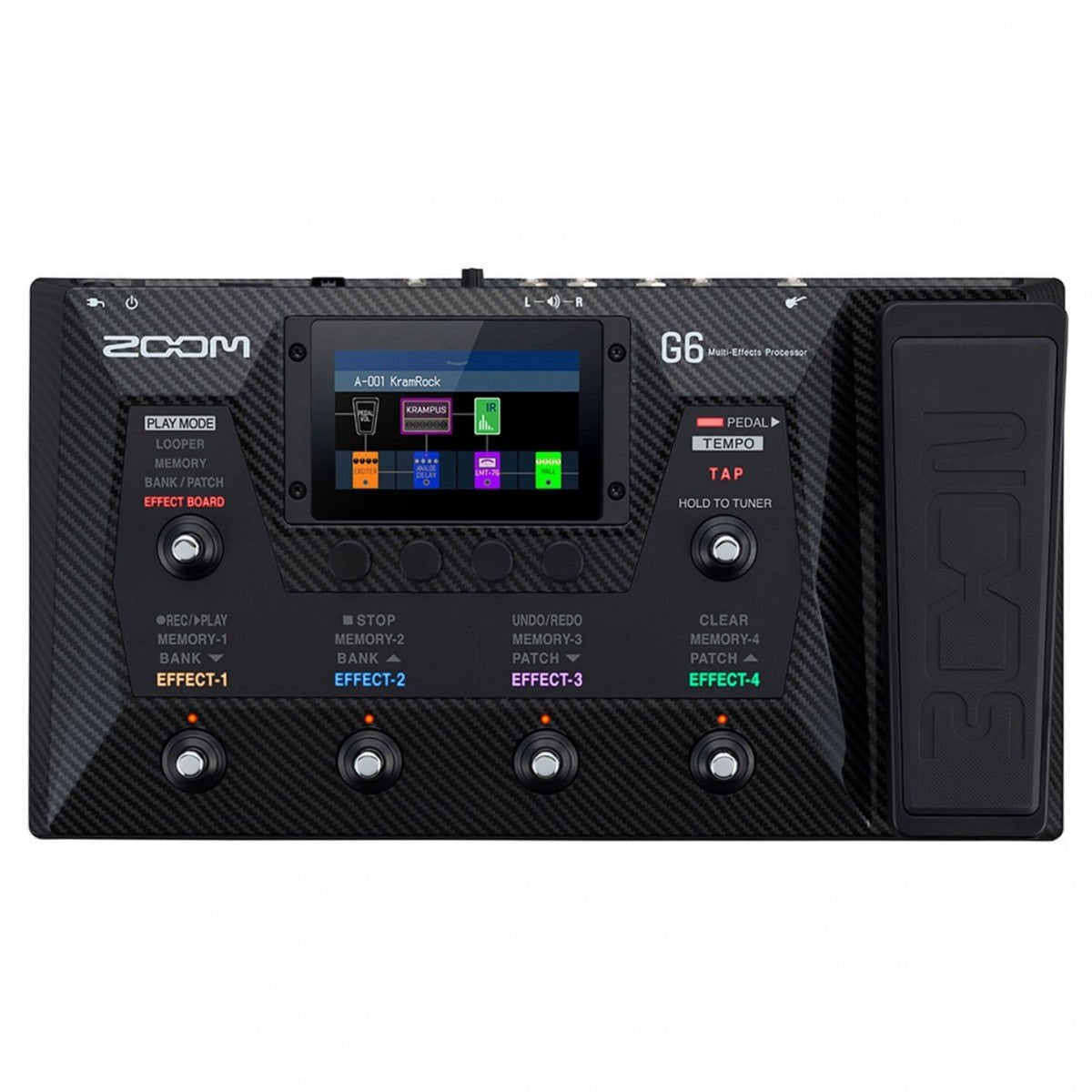 Phơ Tổng Zoom G6 – mặt trên nhìn thẳng, màn hình cảm ứng 4.3 inch và pedal expression