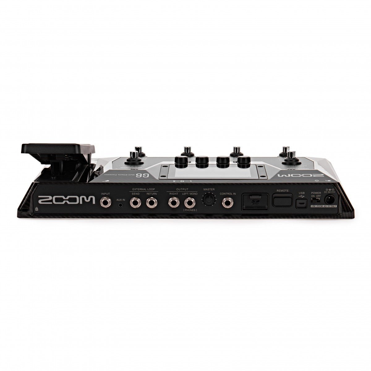 Phơ Tổng Zoom G6 – mặt sau: INPUT, EXTERNAL LOOP, OUTPUT, núm MASTER, CONTROL IN, USB, DC IN