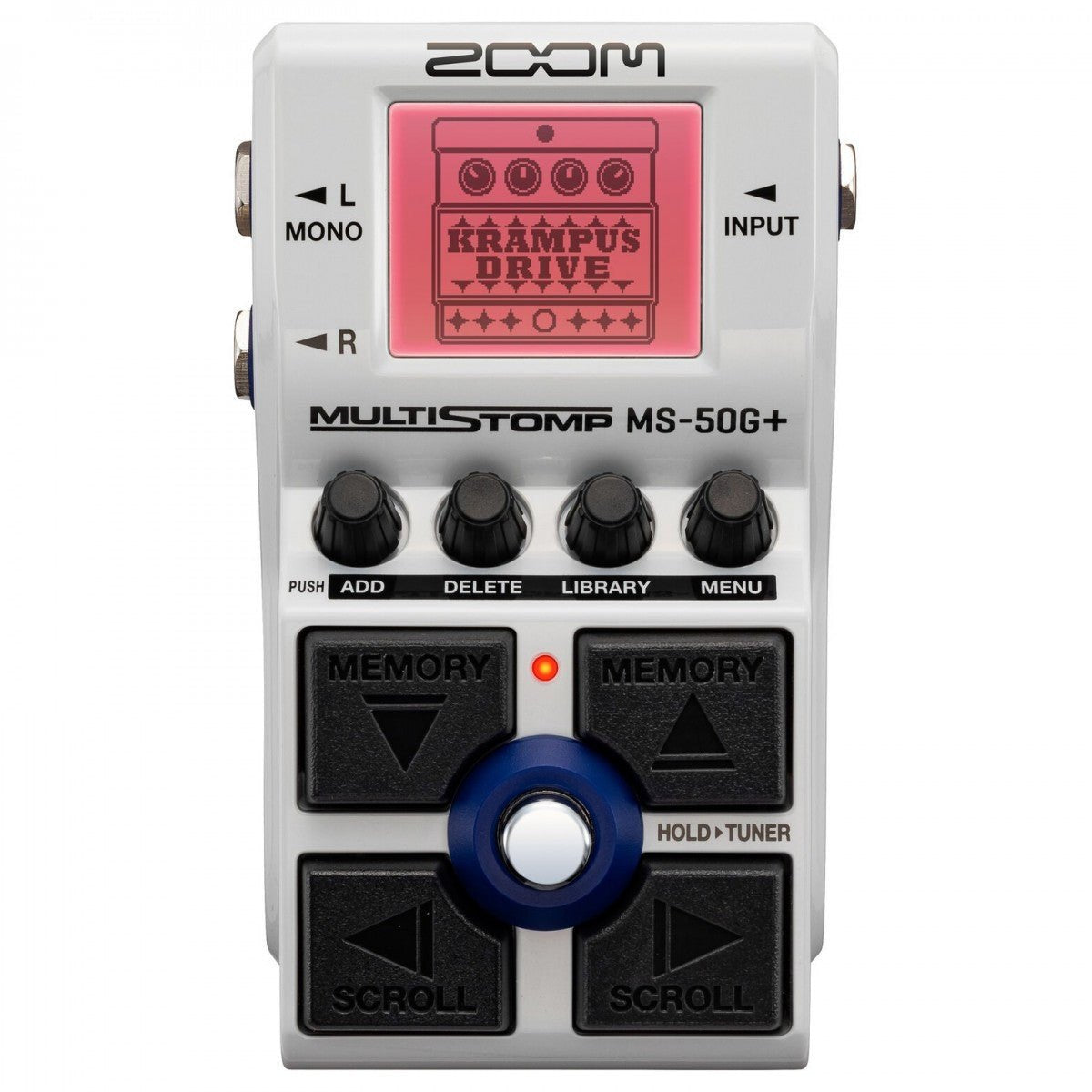 Phơ Tổng Zoom MS-50G+ MultiStomp – mặt trên với màn hình, 4 núm chỉnh và các nút MEMORY, SCROLL