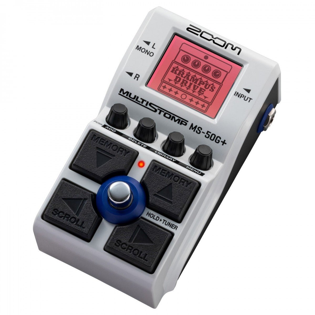 Phơ Tổng Zoom MS-50G+ MultiStomp – góc nghiêng 3/4 thân trắng, chữ MULTISTOMP MS-50G+