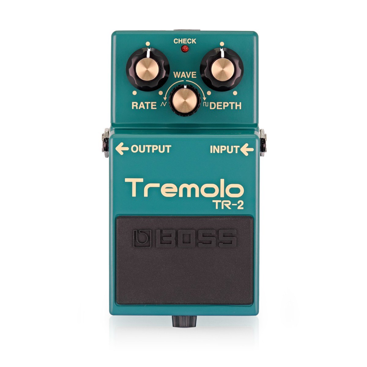 Phơ Tremolo BOSS TR-2 – mặt trên với 3 núm RATE, WAVE, DEPTH và đèn CHECK báo trạng thái