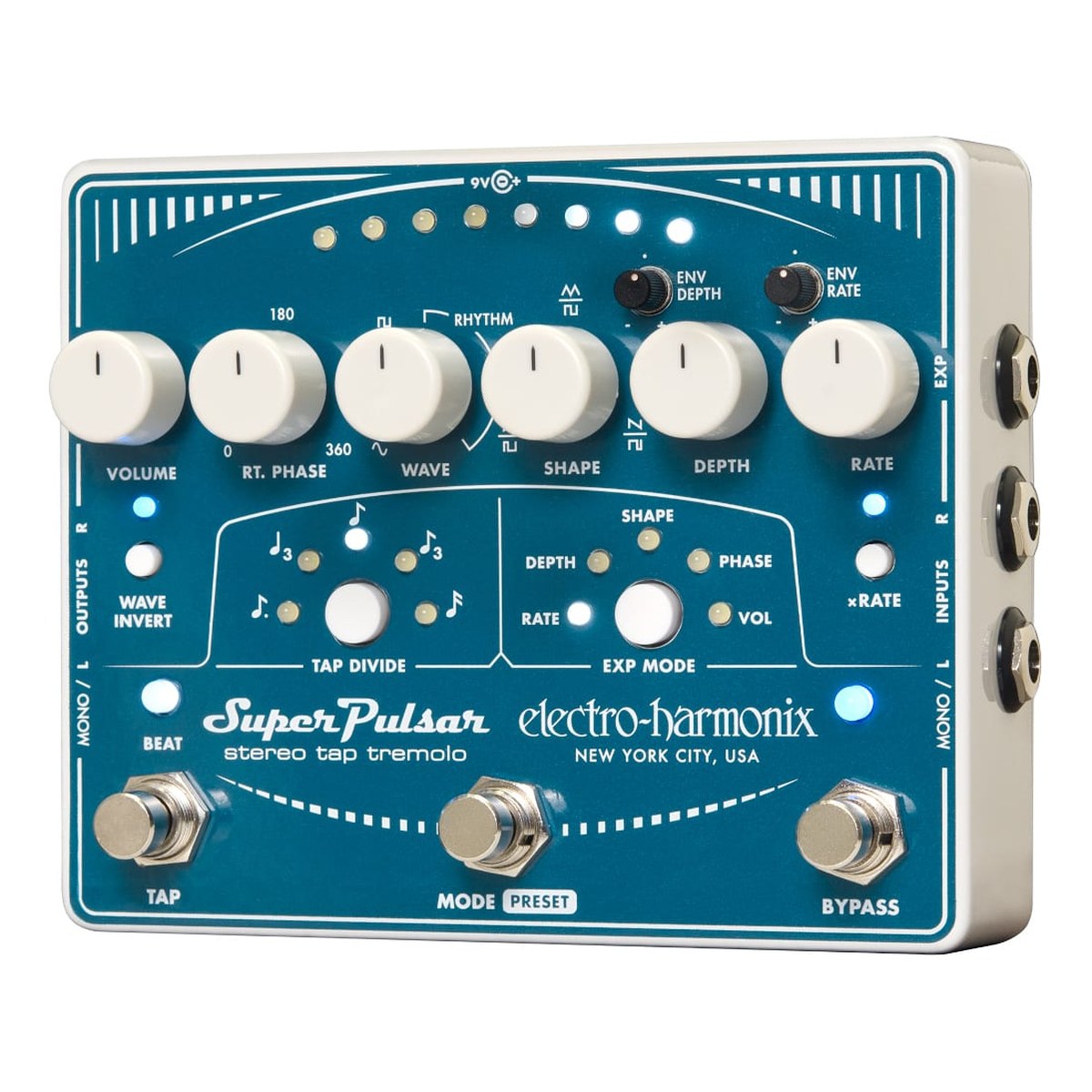 Phơ Tremolo Electro-Harmonix Super Pulsar Stereo Tap Tremolo – Mặt trên Electro-Harmonix Super Pulsar với các núm VOLUME, RT. PHASE, WAVE, SHAPE, DEPTH, RATE, hai núm ENV nhỏ và ba footswitch TAP, MODE, BYPASS